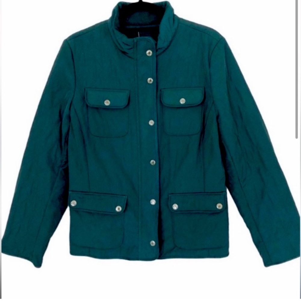 Talbots Dark Green Quilted Snap/zip Utility Jacket size L Women silver hardware